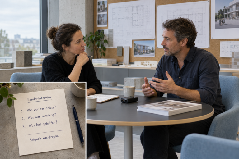 Zwei Personen führen ein ruhiges Interview im Architekturbüro; eine Karte zeigt drei offene Einstiegsfragen