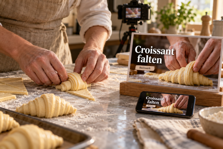 Bäcker formt einen Croissant; fertiges Vorschaubild mit lesbarer Beschriftung wird auch auf einem Smartphone geprüft
