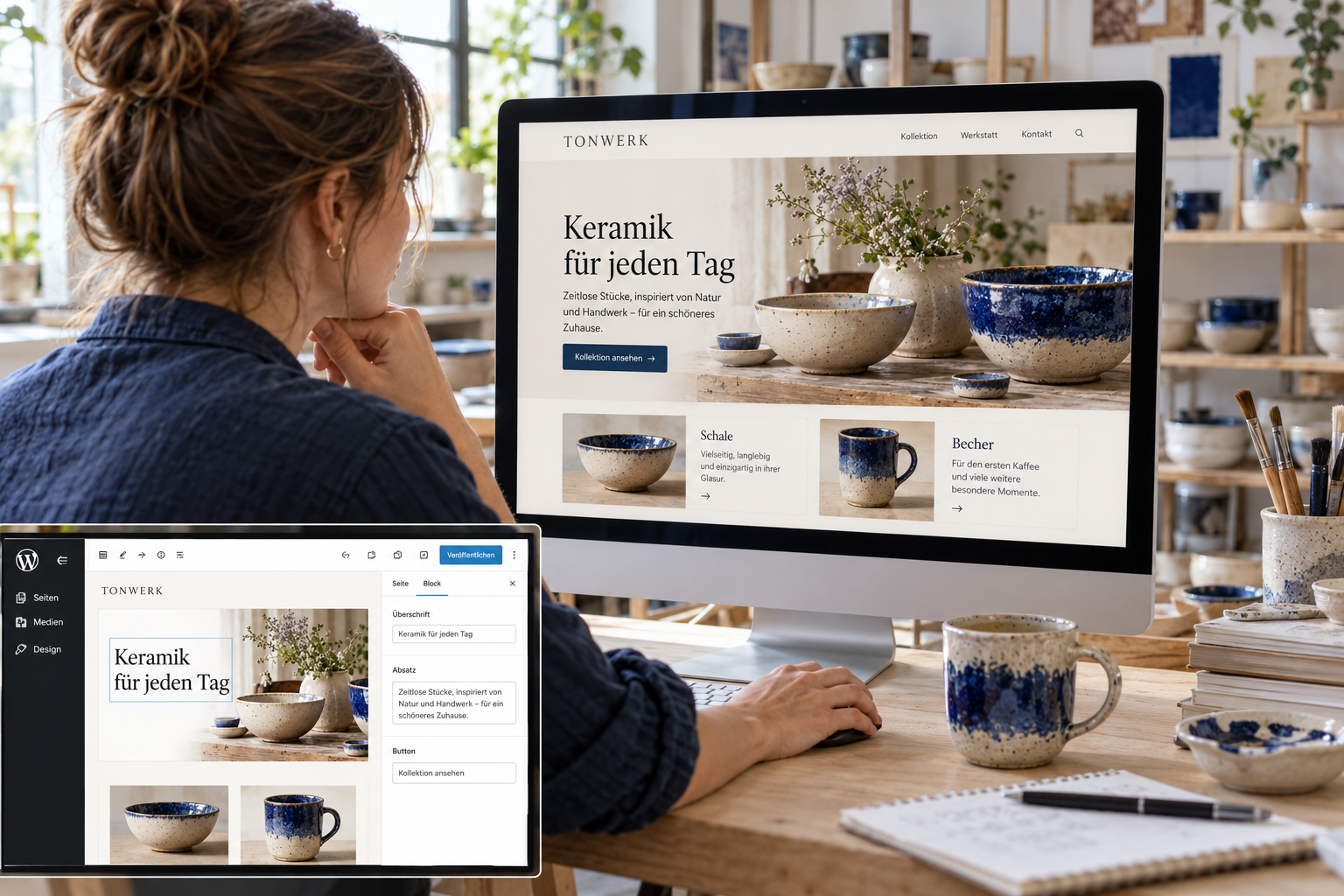Inhaberin eines fiktiven Keramikateliers betrachtet eine fertige Website; ein Ausschnitt zeigt die WordPress-Inhaltsbearbeitung