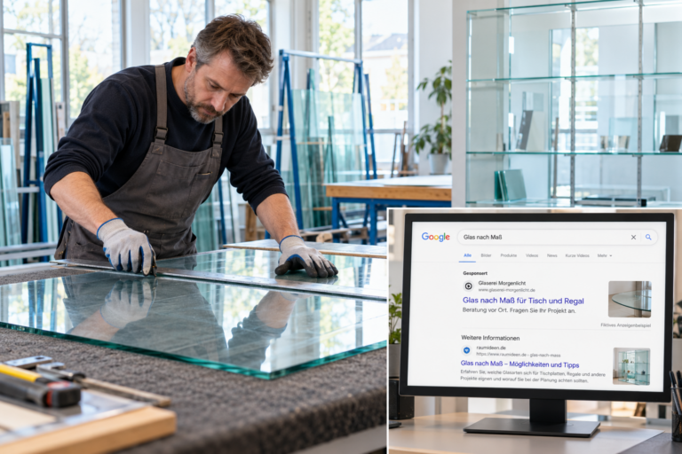 Glaser misst eine Glasscheibe; ein fiktives Suchergebnis zeigt eine bezahlte Anzeige für Glas nach Maß