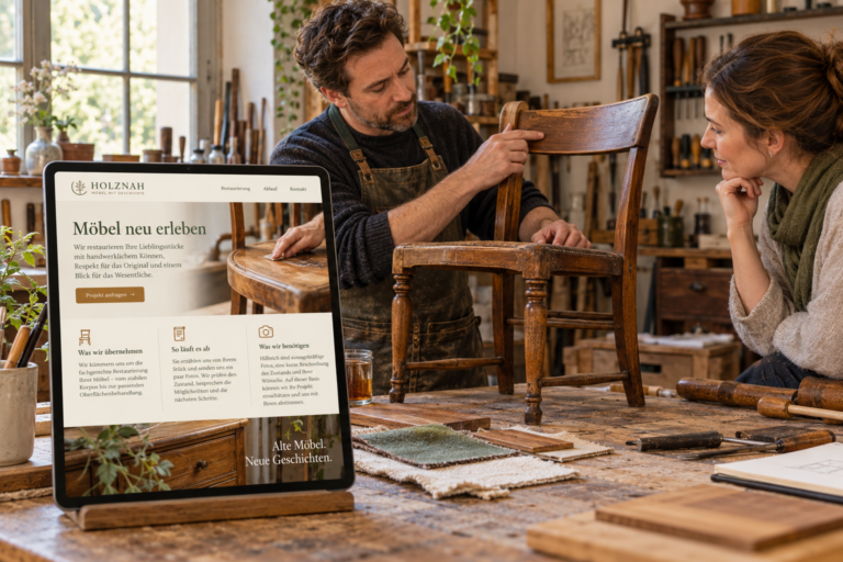 Handwerker und Kundin besprechen einen Holzstuhl; ein Tablet zeigt eine vollständig gestaltete fiktive Leistungsseite