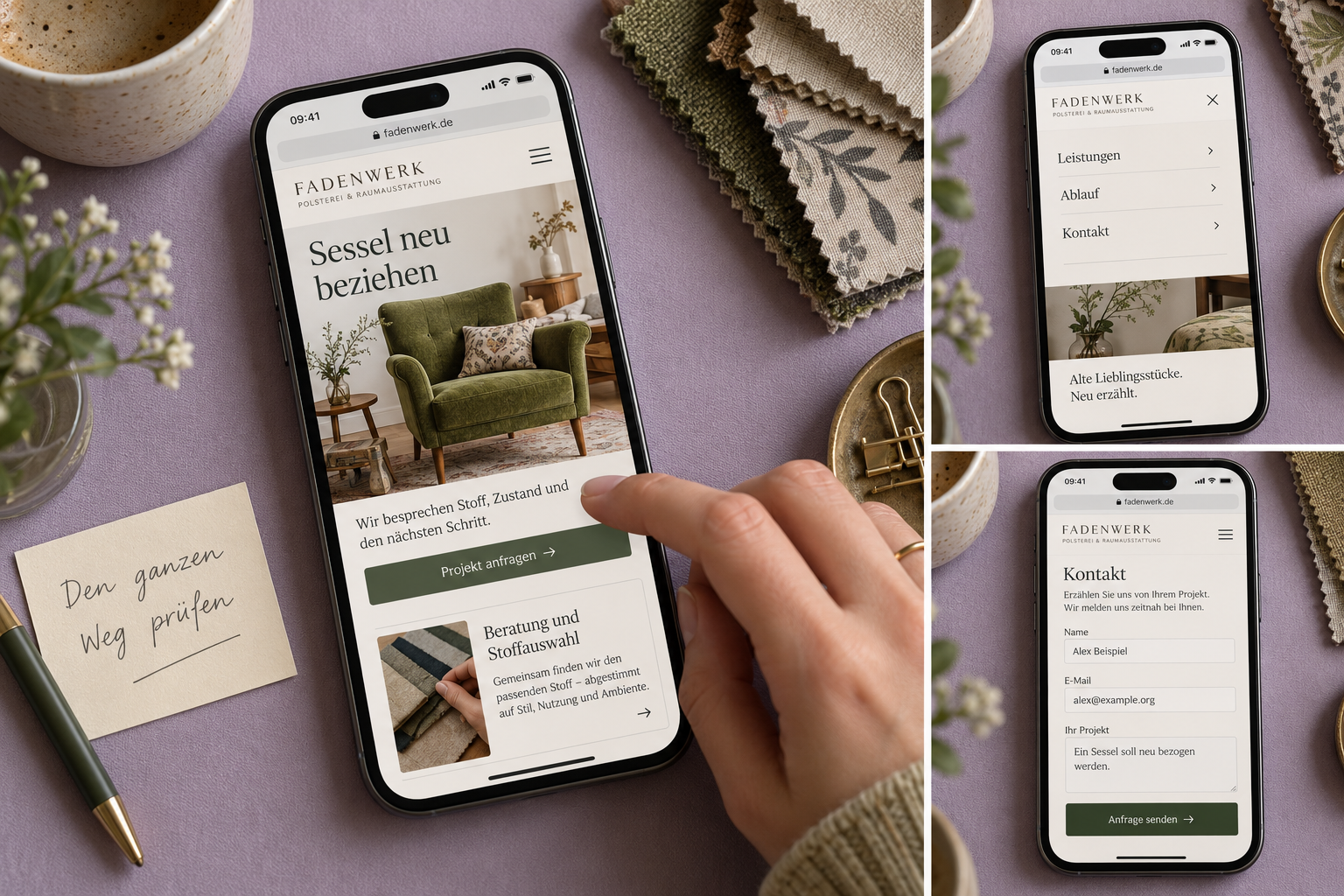 Drei Ansichten einer fiktiven mobilen Polsterei-Website zeigen Leistungsseite, geöffnetes Menü und ausgefülltes Kontaktformular