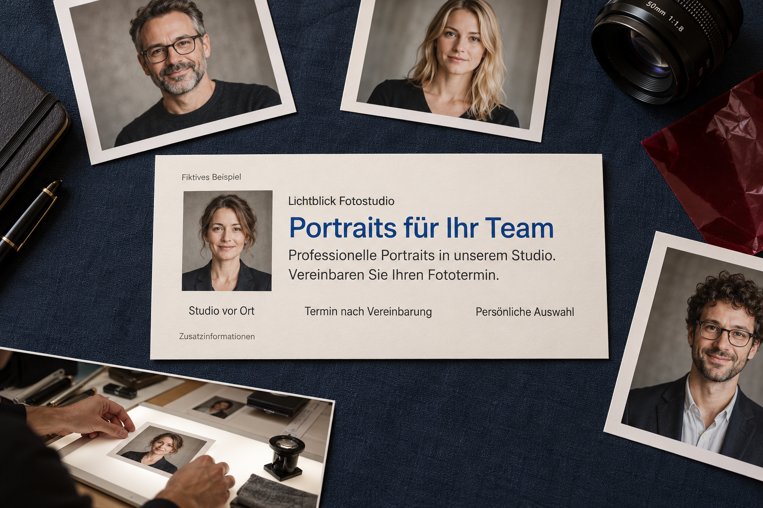 Gedruckter fiktiver Anzeigenentwurf eines Porträtstudios mit drei kurzen Zusatzinformationen und Porträtfotos