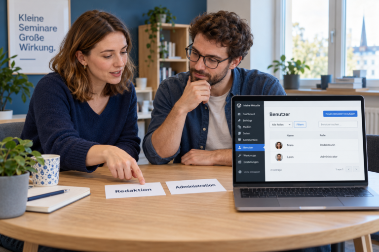 Zwei Personen besprechen Redaktion und Administration; ein Laptop zeigt eine vollständig ausgefüllte fiktive WordPress-Benutzerliste