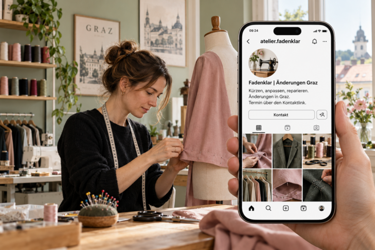 Schneiderin arbeitet an einem Saum; ein Smartphone zeigt das vollständig gestaltete fiktive Instagram-Profil eines Änderungsateliers
