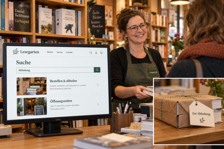 Buchhändlerin und Kundin am Tresen; ein Bildschirm zeigt passende Treffer zur Suche Abholung auf einer fiktiven Website
