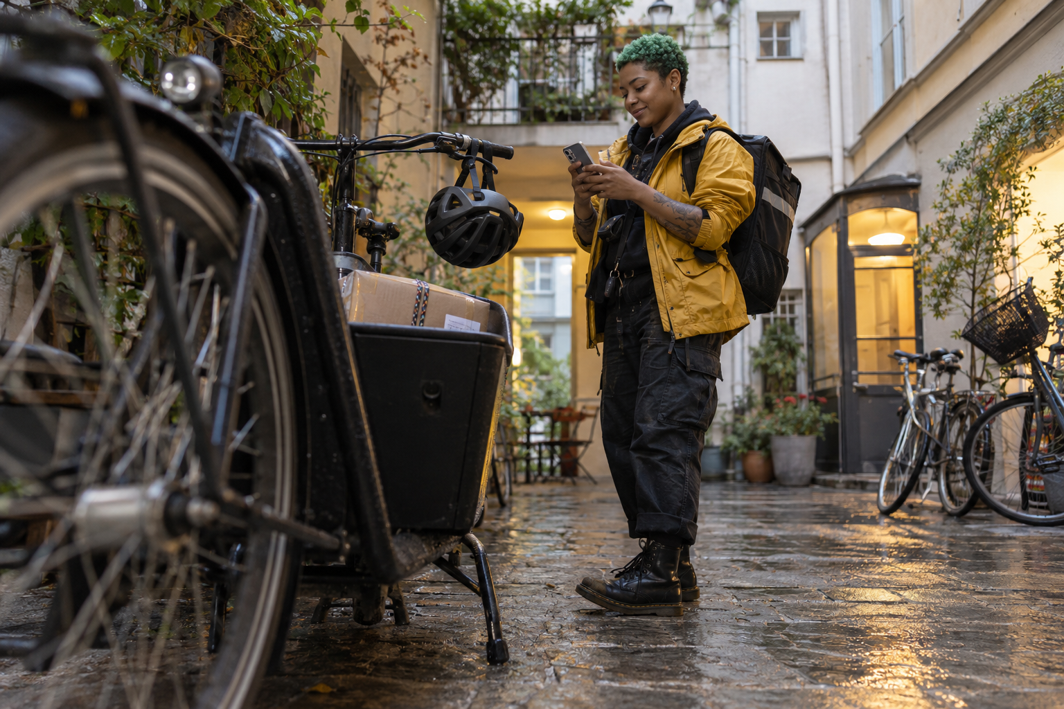 Fahrradkurierin mit grünen Haaren prüft im Hof einen Beitrag am Smartphone neben ihrem abgestellten Lastenrad.