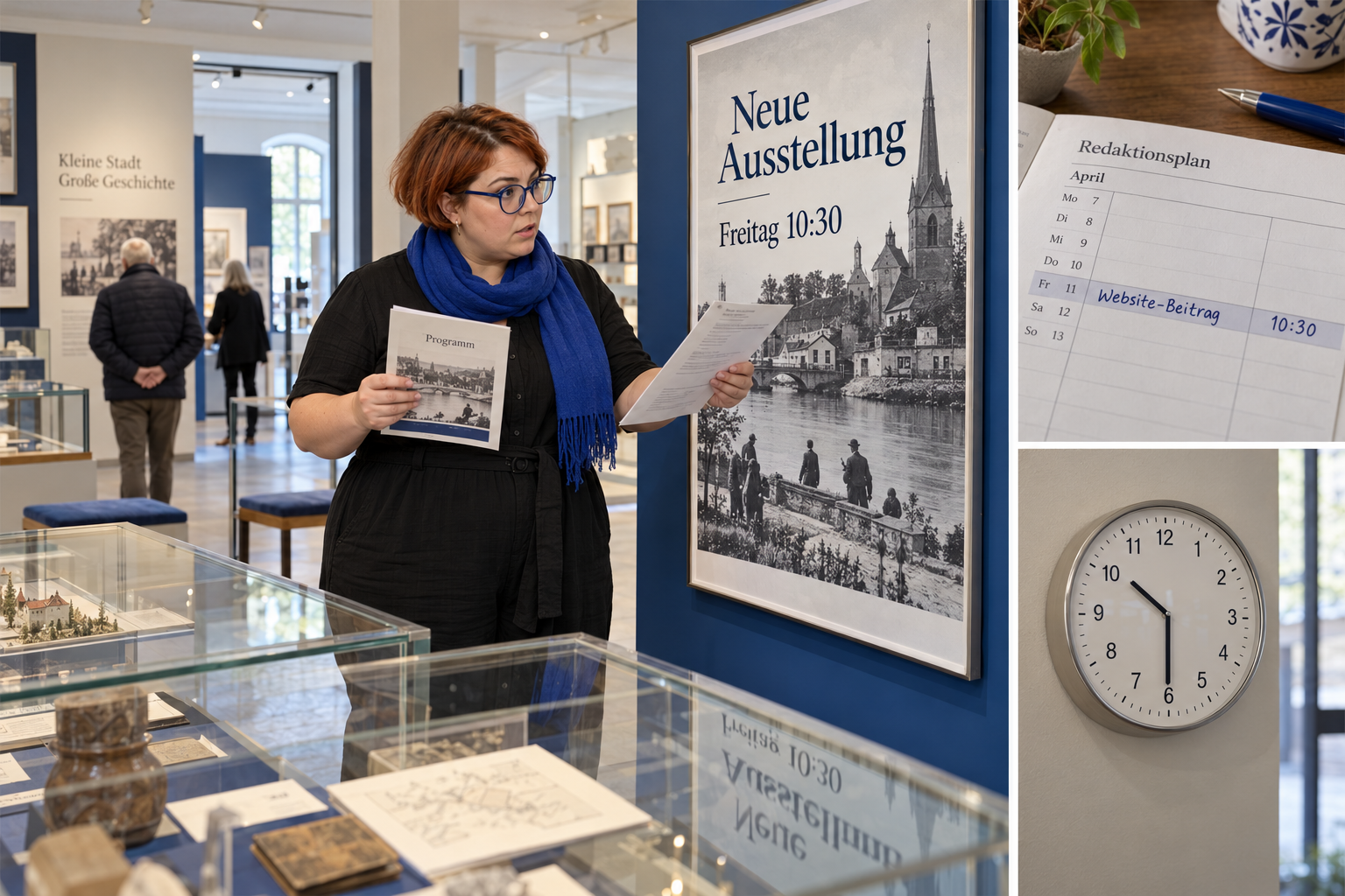 Museumskoordinatorin prüft Programm und Ausstellungstermin; Kalender und Uhr zeigen den geplanten Veröffentlichungszeitpunkt.