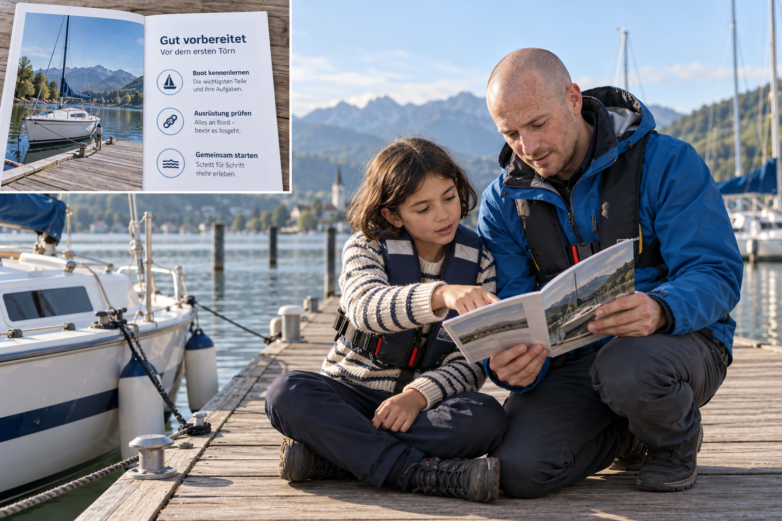 Segelschulinhaber und Tochter lesen am Steg einen bebilderten Leitfaden vor dem ersten Törn; beide tragen Schwimmwesten.