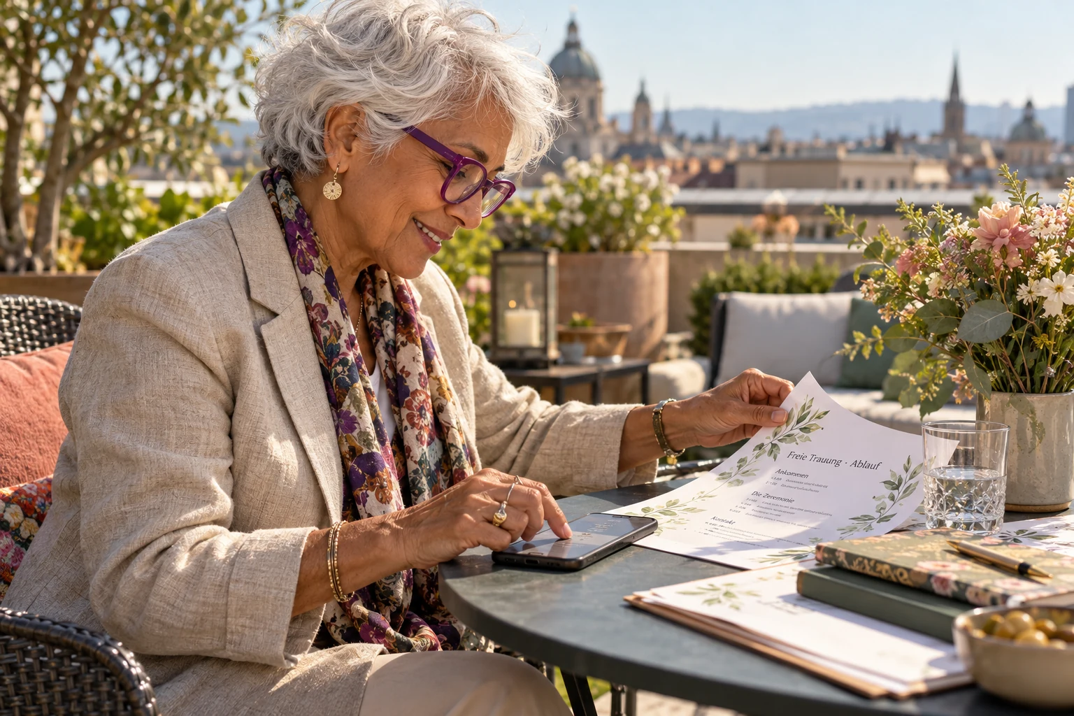 Eine ältere Traurednerin prüft auf einer Dachterrasse ein Smartphone und hält die windbewegte Ecke einer gedruckten Gästeinformation fest.