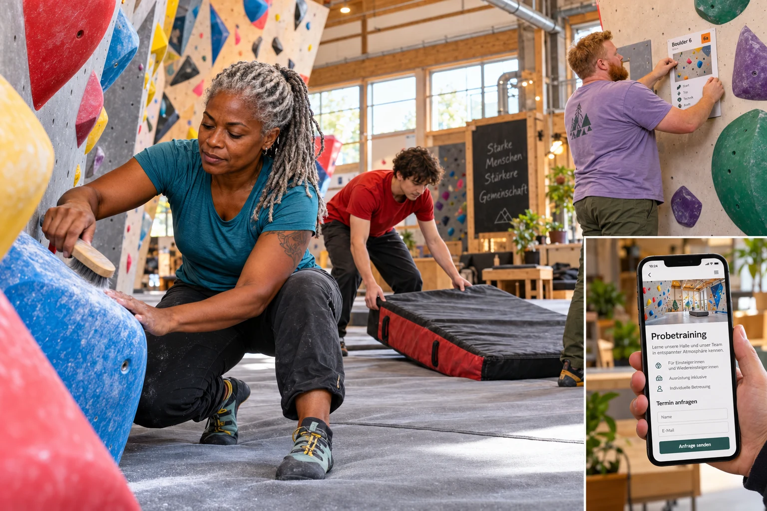 Drei Mitarbeitende bereiten einen Boulderbereich vor; ein Detail zeigt die fiktive Buchungsseite für ein Probetraining.