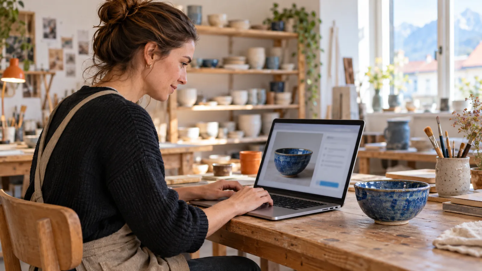 Keramikerin beschreibt am Laptop das Produktfoto einer handgemachten blauen Schale, die echte Schale steht neben ihr auf dem Werktisch