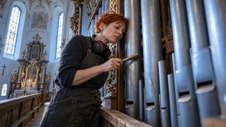 Orgelbauerin mit rotem Kurzhaar lauscht konzentriert an einer Orgelpfeife und stimmt sie mit einem Stimmhorn, im Hintergrund eine Barockkirche