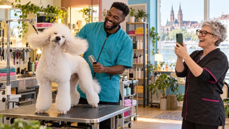 Hundefriseur in türkisem Kittel lacht über einen weißen Pudel auf dem Pflegetisch, seine Kollegin mit runder Brille filmt den Moment hochkant mit dem Smartphone