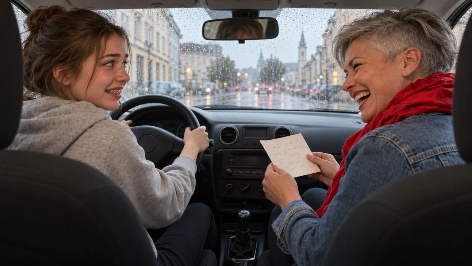 Google-Bewertungen beantworten: Fahrlehrerin mit rotem Schal lacht im Fahrschulauto über eine handgeschriebene Dankeskarte, die Fahrschülerin am Steuer schmunzelt