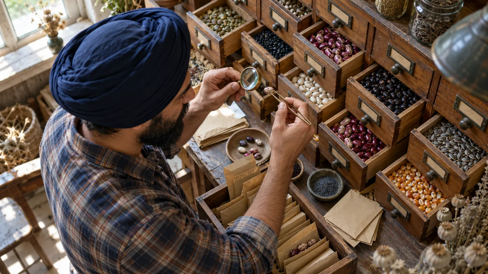 Strukturierte Daten prüfen als Ordnungsarbeit: Saatgutarchivar mit Turban sortiert Samentüten in die passenden Schubladen eines Apothekerschranks
