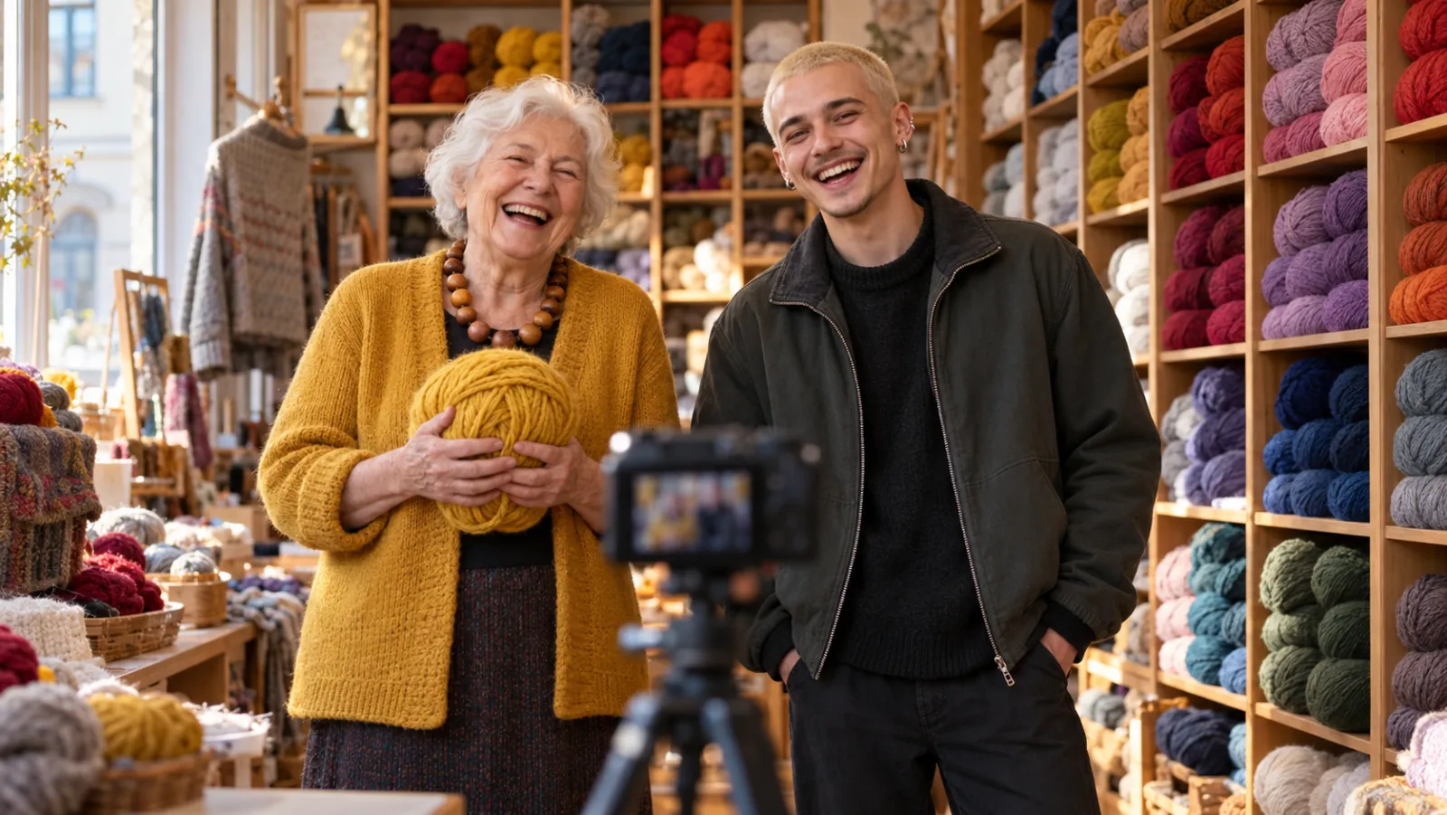 Influencer Marketing im Wollgeschäft: Inhaberin mit weißem Haar und senfgelber Strickjacke lacht mit einem jungen Content Creator in die Kamera auf dem Stativ