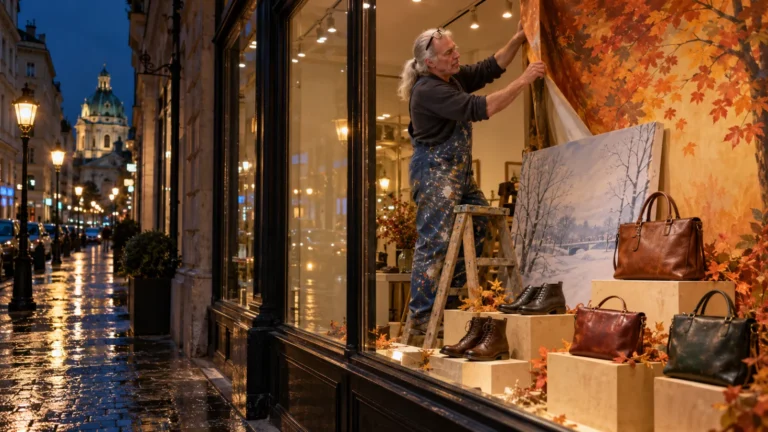 WordPress-Theme wechseln wie ein Schaufenster: Dekorateur mit weißem Pferdeschwanz tauscht nachts den Hintergrund, die Produkte bleiben stehen