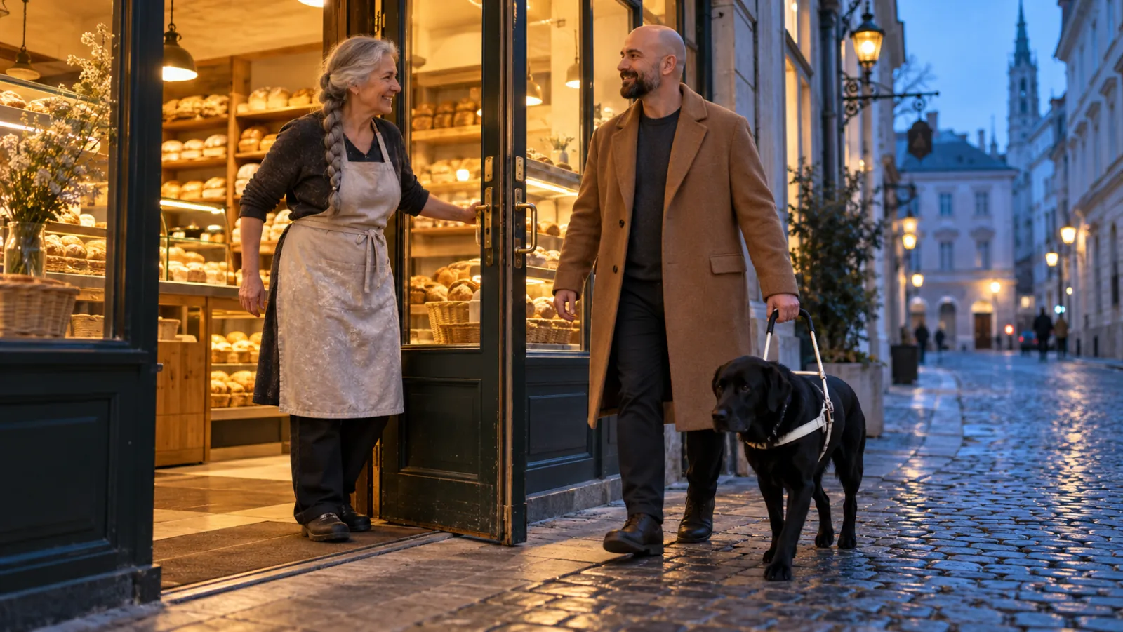 Bäckerin hält die breite, stufenlose Ladentür offen, ein blinder Mann mit Führhund betritt lächelnd die Bäckerei in einer Wiener Gasse