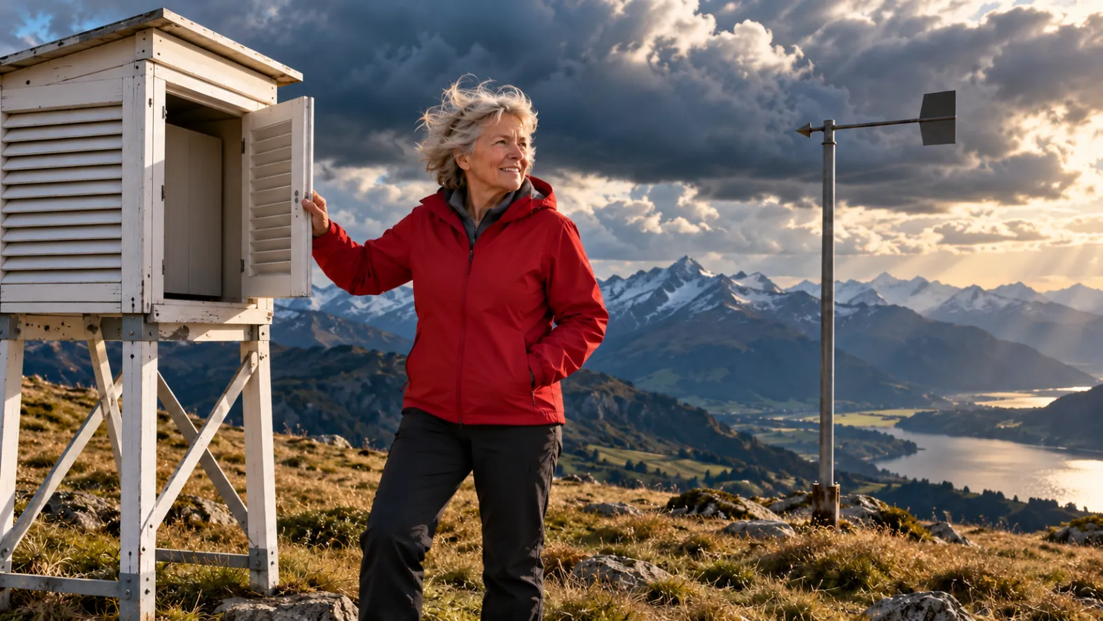 Wetterbeobachterin mit silbernem Haar und roter Windjacke öffnet auf einem windigen Alpenplateau die Tür einer weißen Wetterhütte, daneben eine Windfahne