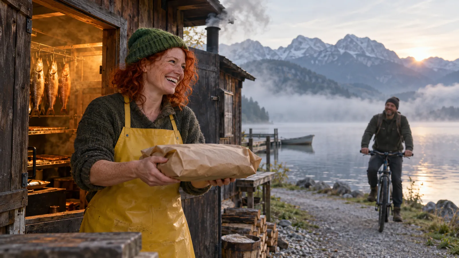 Lachende Fischräucherin mit roten Locken und gelber Schürze hält ein Paket Räucherfisch zur Abholung bereit, ein Kunde kommt mit dem Rad am Seeufer an